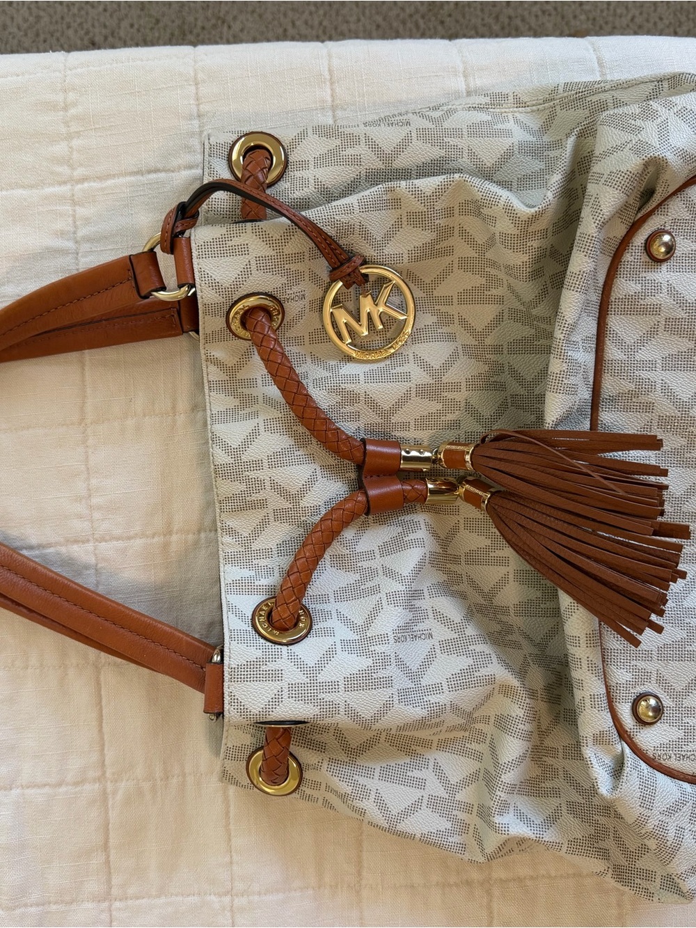 Michael Kors Cream and Brown Logo Drawstring Tote with Tassels
